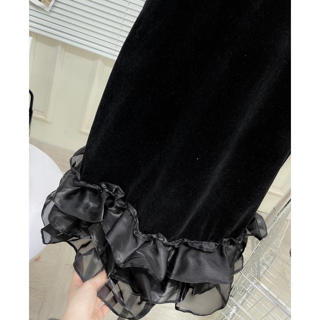 Váy Nhung Thêu Miu Miu Tay Nơ Phối Bèo Voan Đầm Nhung Nữ Dáng Suông Rộng Freesize