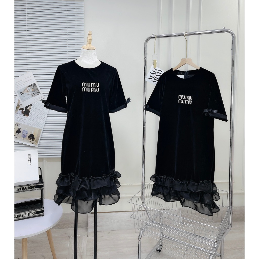 Váy Nhung Thêu Miu Miu Tay Nơ Phối Bèo Voan Đầm Nhung Nữ Dáng Suông Rộng Freesize