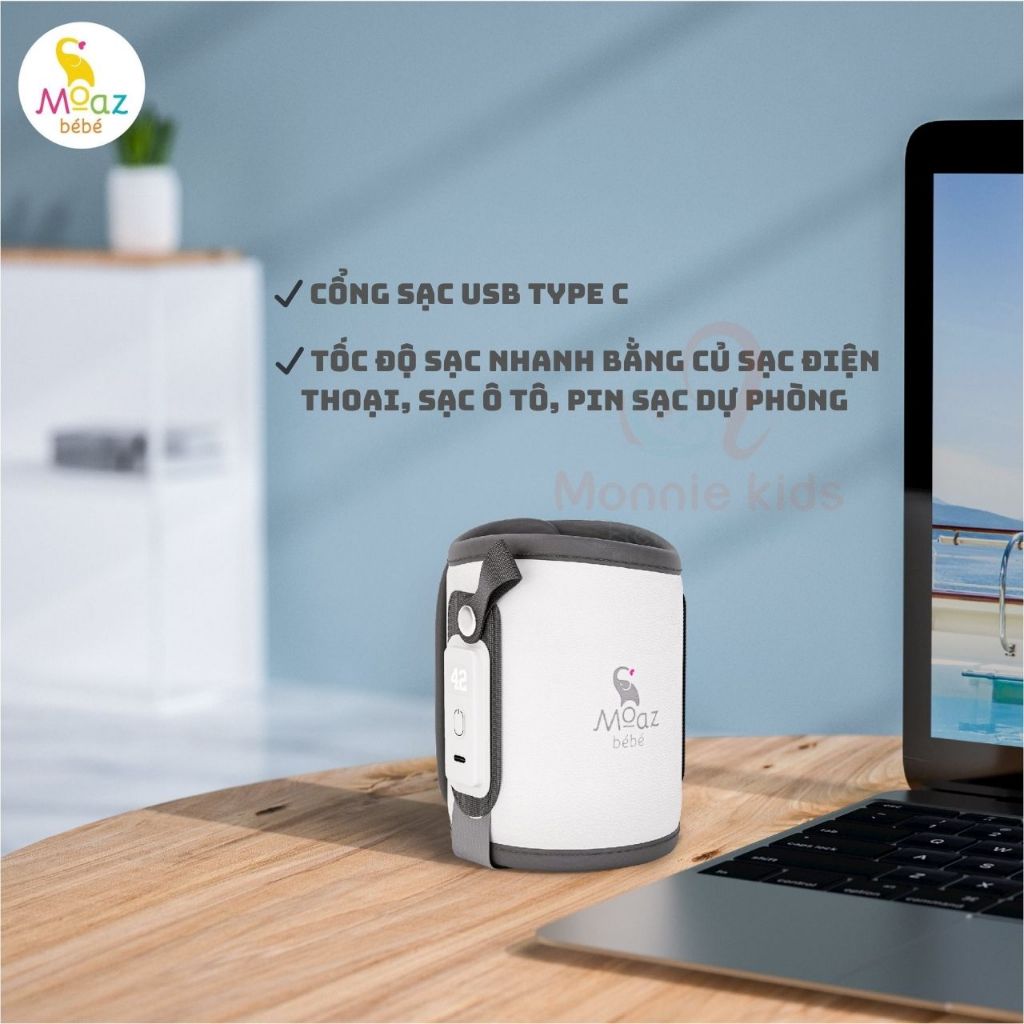 Túi ủ bình sữa cho bé Moaz BeBe MB067, máy hâm sữa cầm tay thông minh tiện lợi - Monnie Kids