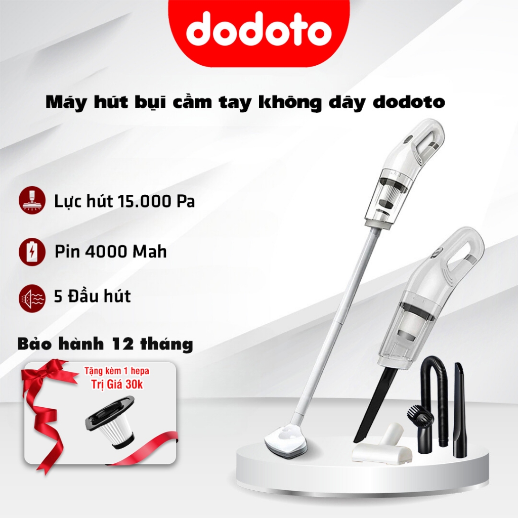 Máy hút bụi cầm tay mini không dây dodoto hút bụi sàn nhà, ô tô, giường đệm lực hút 15000 pa