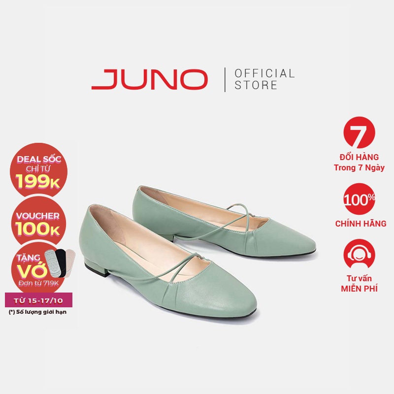 Giày Búp Bê Nữ Ballerina 3cm Thời Trang JUNO Mũi Nhọn Xếp Nhún Da Trơn BB03090