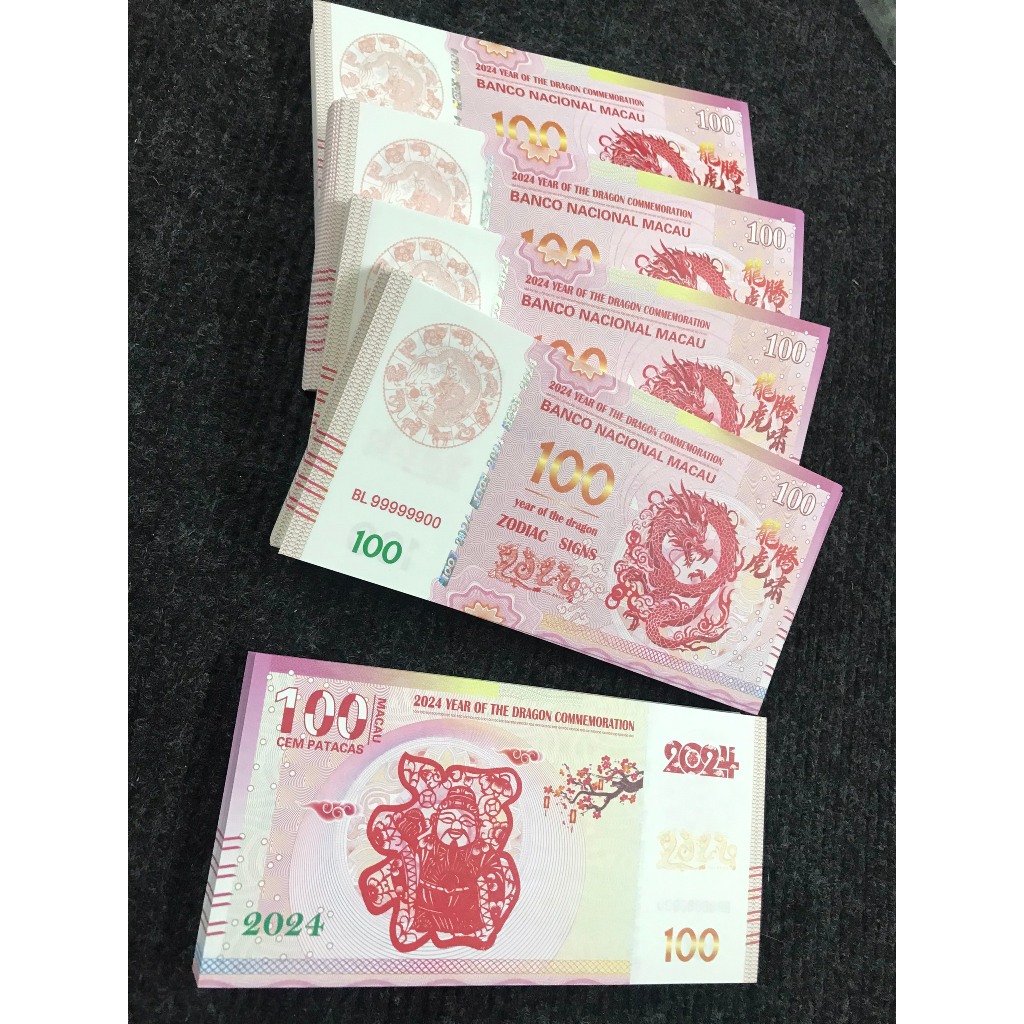 Tiền lì xì 100 dola macao hình con rồng 2024; Màu trắng và đỏ; Kích thước tờ tiền 155 x 75mm - SP005382