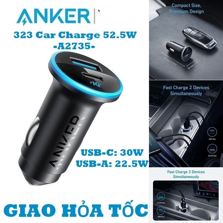 Tẩu Sạc Nhanh Ô Tô 2 cổng sạc Anker 323 Car Charger 52.5W A2735 | QC3.0/PD sạc nhanh cho các dòng đi