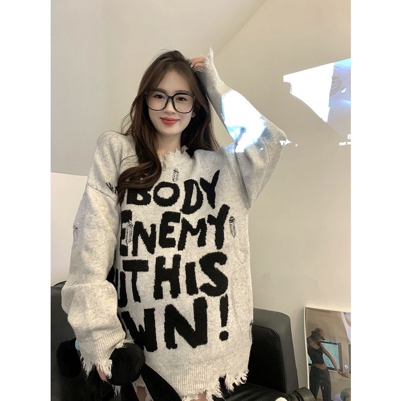 Áo sweater len NOBODY cắt xẻ phong cách đường phố retro