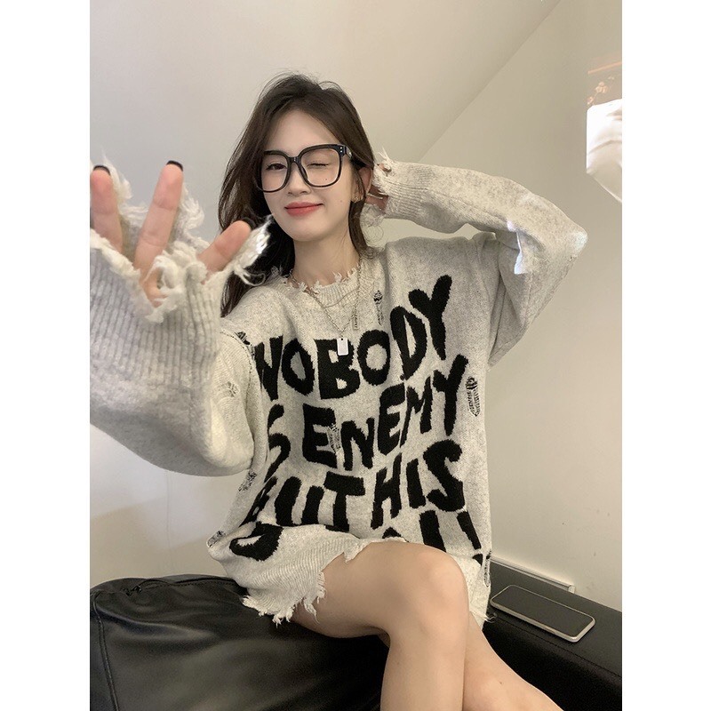 Áo sweater len NOBODY cắt xẻ phong cách đường phố retro