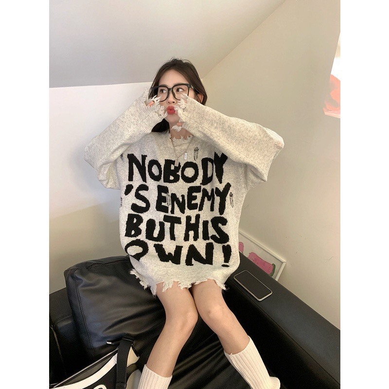 Áo sweater len NOBODY cắt xẻ phong cách đường phố retro