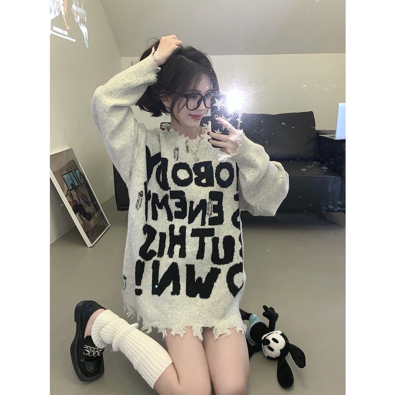 Áo sweater len NOBODY cắt xẻ phong cách đường phố retro