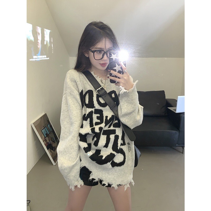 Áo sweater len NOBODY cắt xẻ phong cách đường phố retro