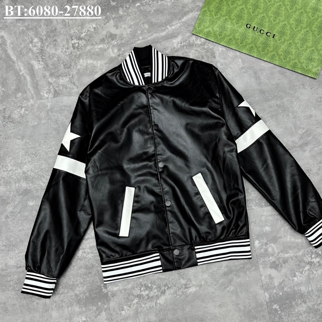 Áo khoác bomber nam Gì ven chỳ thêu da ngôi sao trắng 2 bên tay cực chất-Áo khoác da viền trắng form dáng cool ngầu