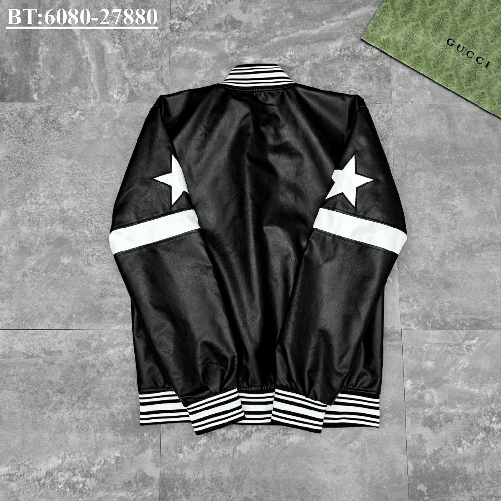 Áo khoác bomber nam Gì ven chỳ thêu da ngôi sao trắng 2 bên tay cực chất-Áo khoác da viền trắng form dáng cool ngầu