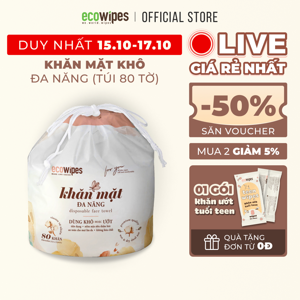 Khăn mặt khô khăn giấy khô đa năng cao cấp Ecowipes cuộn 80 tờ 345g không