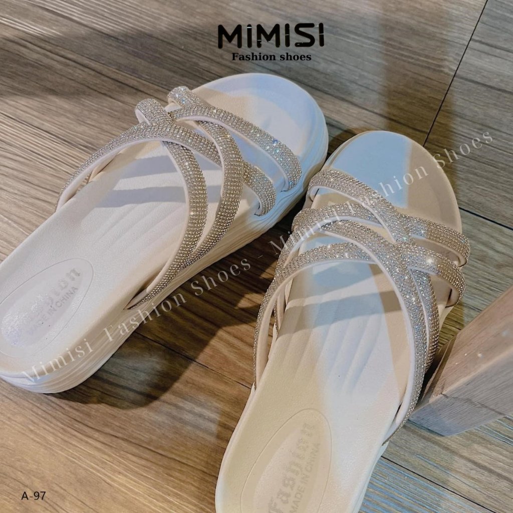 Dép bánh mì, dép đế xuồng MIMISI đế cao su non đúc tăng chiều cao 4cm, quai chéo đính đá, thời trang - Mã A-97