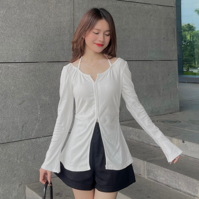 Áo thun dài tay xẻ bụng áo zip cổ u mặc 2 kiểu có dây buộc cổ ,Áo xẻ bụng khoe eo thon Hari GenZ 303 P7K4