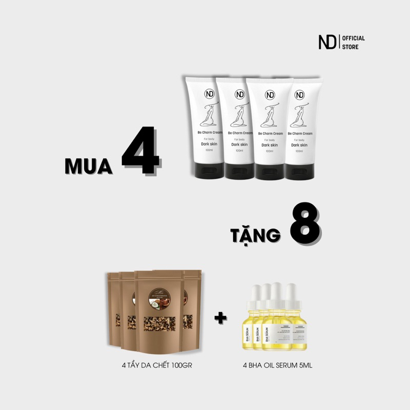 COMBO 4 TUÝP BE CHARM CREAM & 4 GÓI TẨY DA CHẾT SIÊU HỜI