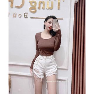 Áo thun croptop cổ vuông dài tay chất giấy siêu mỏng đẹp nhiều màu