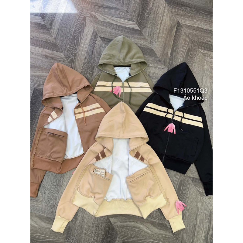 Áo khoác tay dài khoá kéo có nón phối viền sọc!