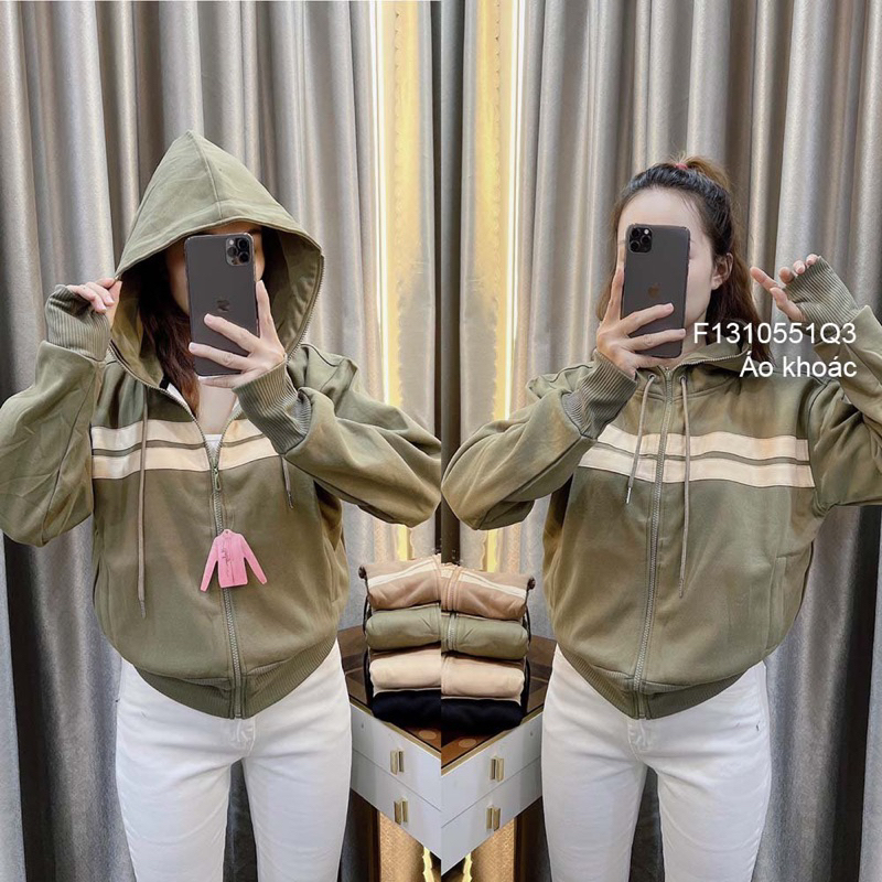 Áo khoác tay dài khoá kéo có nón phối viền sọc!