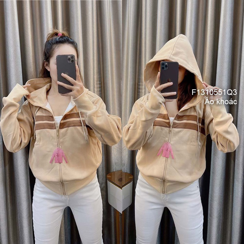 Áo khoác tay dài khoá kéo có nón phối viền sọc!
