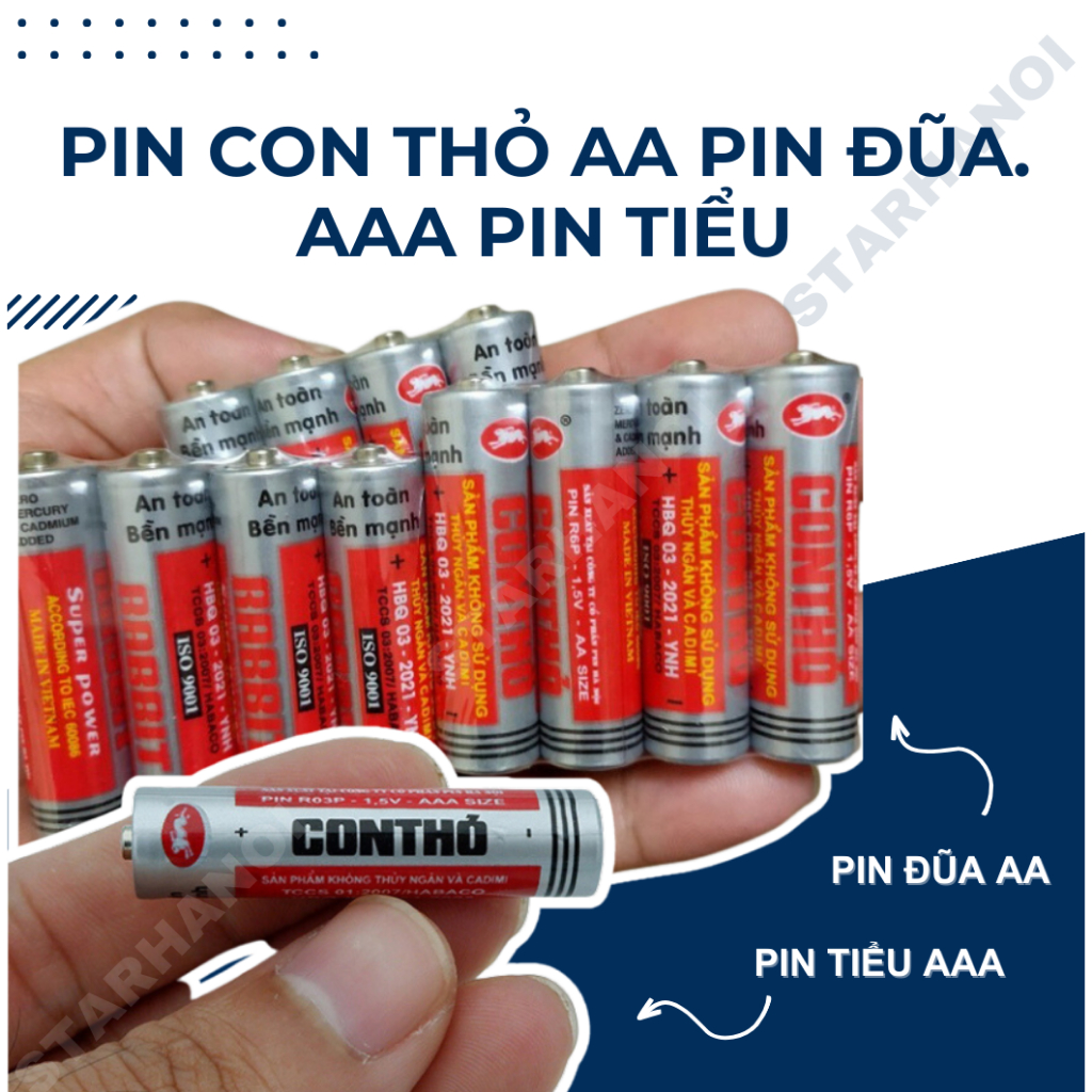 Pin con thỏ đũa tiểu lẻ 1 viên vỉ 4 viên Starhanoi AA và AAA pin tiểu cho điều khiển điền hòa tivi quạt điện tử