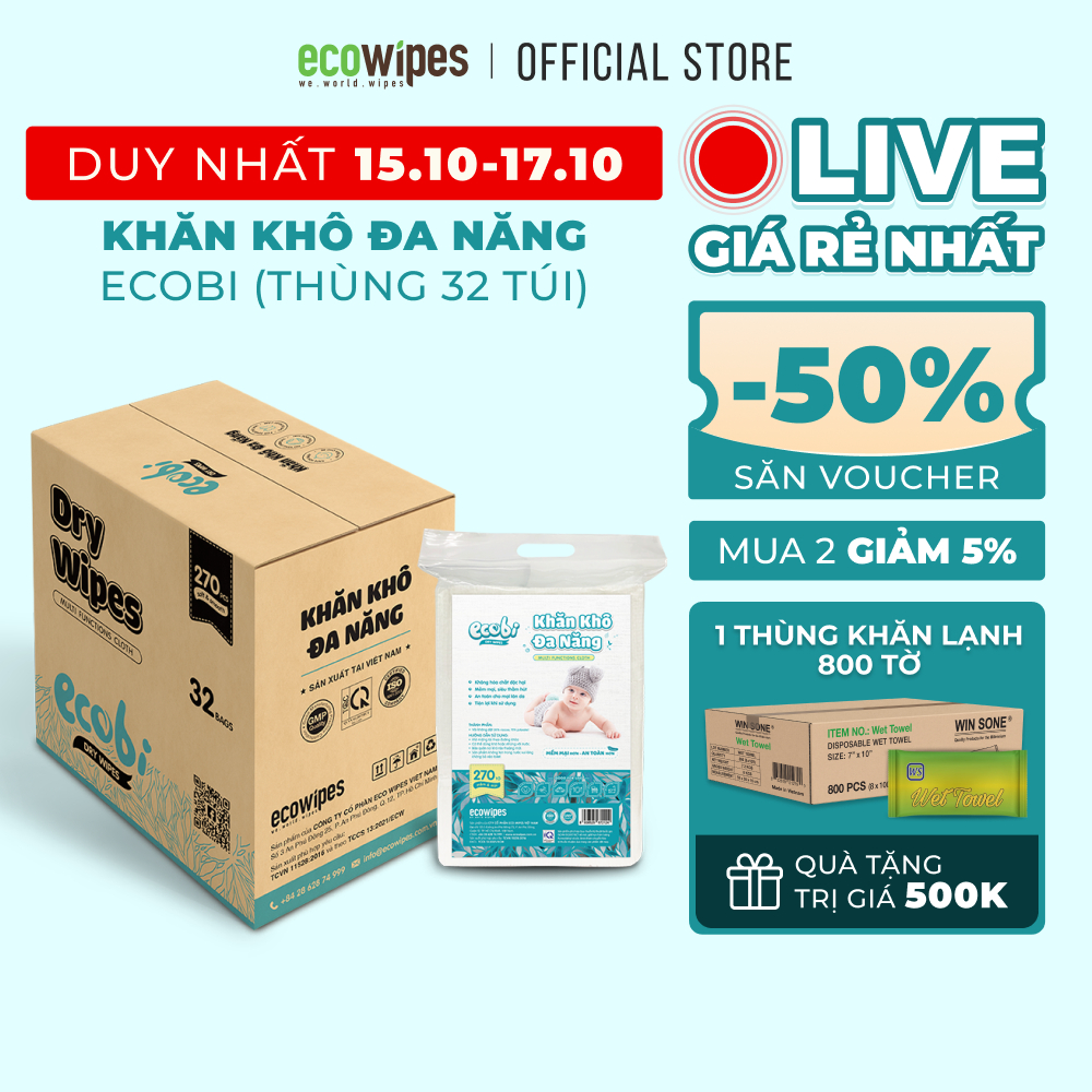 Thùng 32 túi khăn vải khô đa năng cao cấp cho bé Ecowipes túi 270 tờ 345g siêu tiết kiệm mềm mịn dai thấm hút tốt
