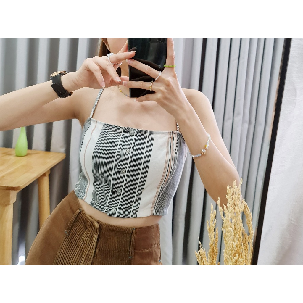 Q2653 - Áo thun croptop 2 dây, phối sọc dọc nhỏ