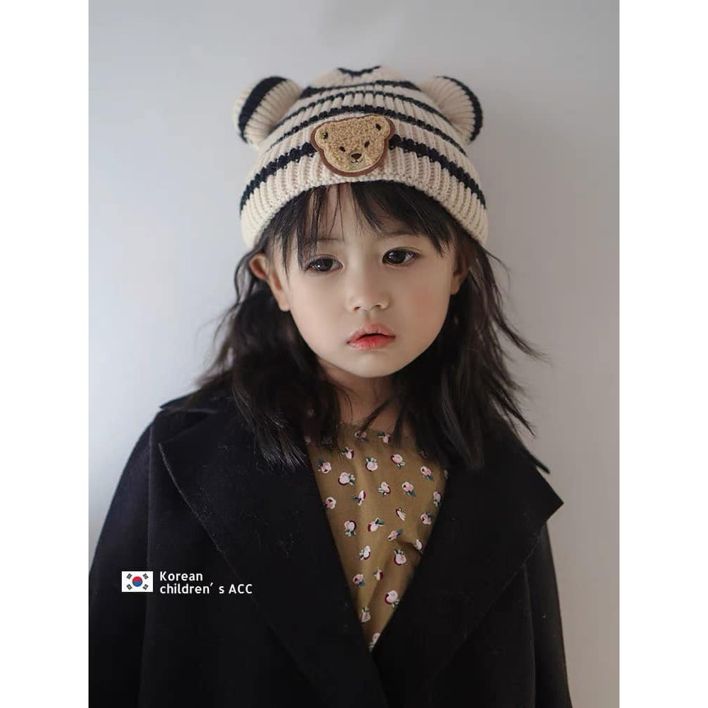 Mũ len bé trai bé gái mẫu gấu sọc ngang chất len dày dặn giữ ấm mùa đông HCOM572