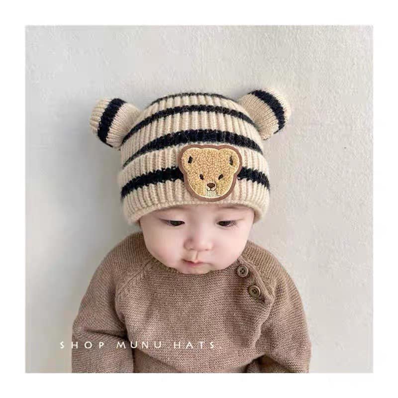 Mũ len bé trai bé gái mẫu gấu sọc ngang chất len dày dặn giữ ấm mùa đông HCOM572