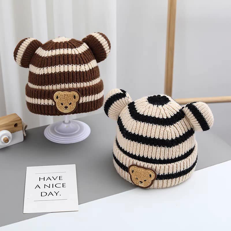 Mũ len bé trai bé gái mẫu gấu sọc ngang chất len dày dặn giữ ấm mùa đông HCOM572