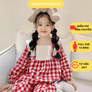 Bộ Đồ Ngủ Tay Dài Phối Ren Họa Tiết caro Dễ Thương Cho Bé Gái vải cao cấp, đồ ngủ pijama bé gái caro kẻ size 13-40kg