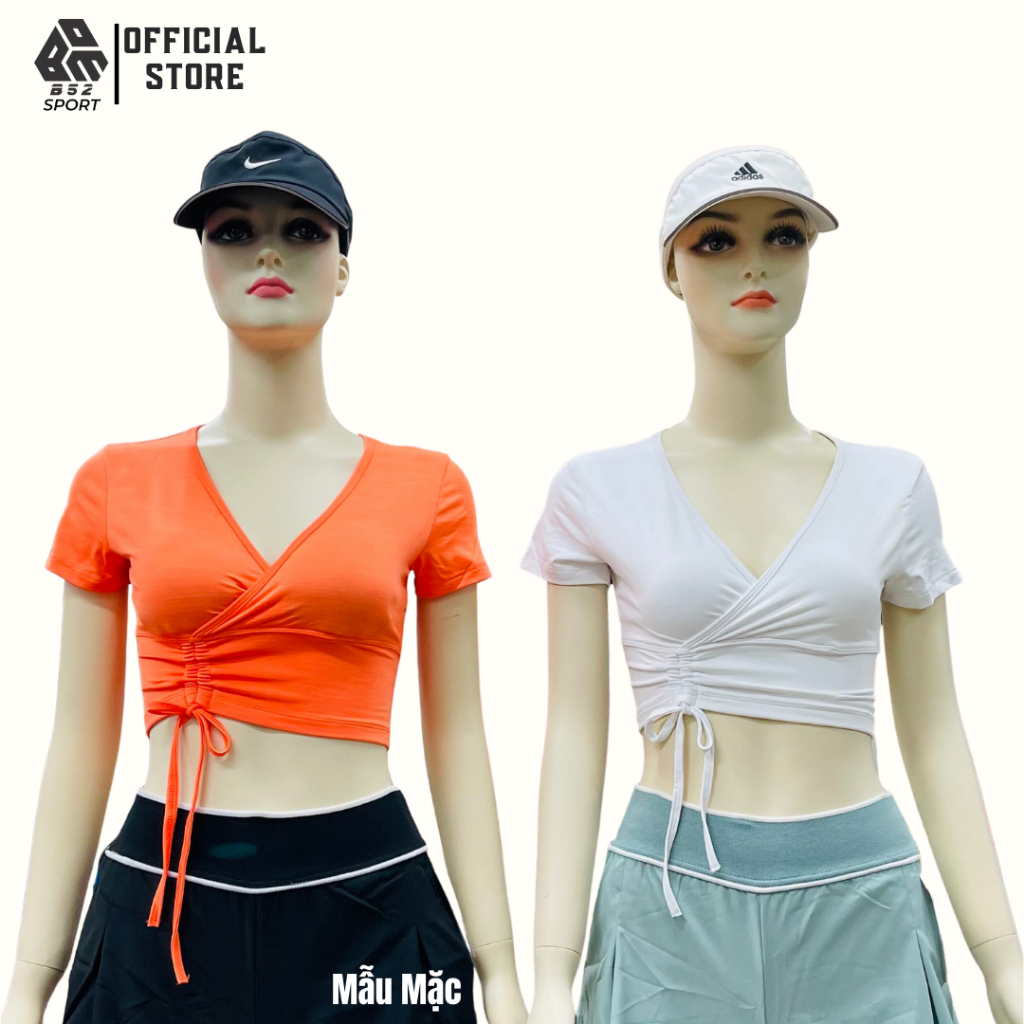 Áo croptop dây rút ôm body tập gym yoga thể thao tay ngắn có mút