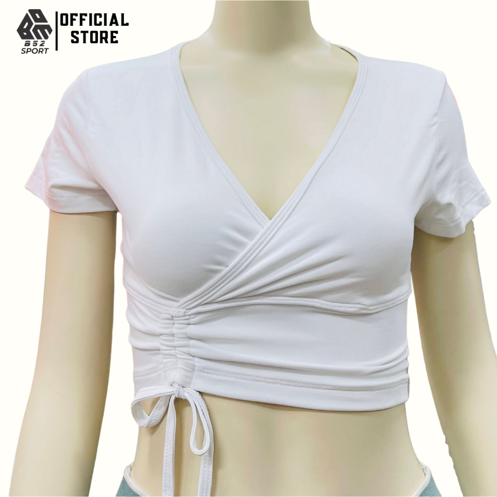Áo croptop dây rút ôm body tập gym yoga thể thao tay ngắn có mút