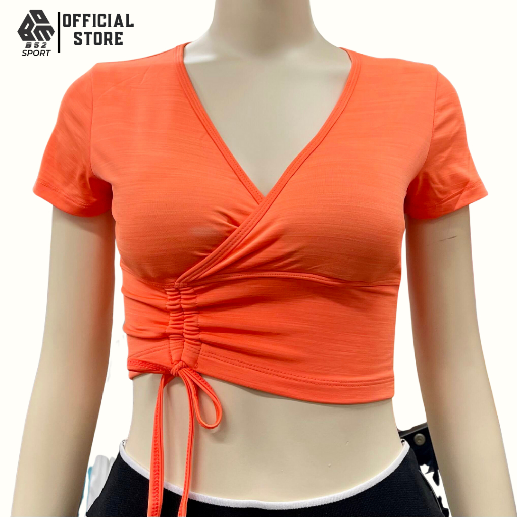 Áo croptop dây rút ôm body tập gym yoga thể thao tay ngắn có mút