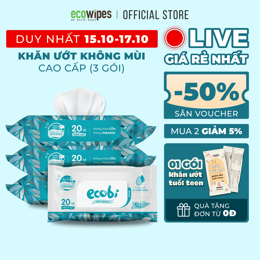 Combo 03 gói khăn giấy ướt cao cấp an toàn cho bé Ecowipes gói 20 tờ 110g không mùi không cồn không paraben