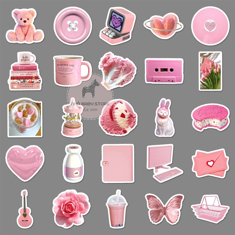 Combo 50 Sticker Pink Style chống nước sticker dán laptop, điện thoại, đàn guitar, mũ bảo hiểm,vali