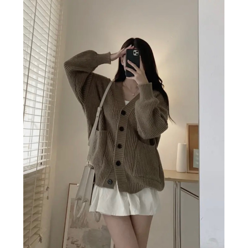 Áo khoác len cardigan nữ cổ V trơn dáng dài form rộng phong cách Hàn Quốc