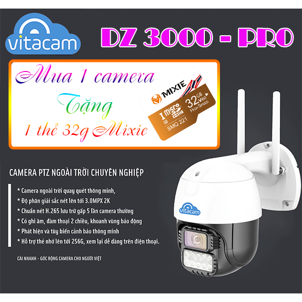 (Tặng thẻ 32Gb) Camera Ip Wifi Ngoài Trời Vitacam DZ3000 Pro 3.0Mpx 1296P ULTRA HD Xoay 355 Độ, Quay Đêm Có Màu