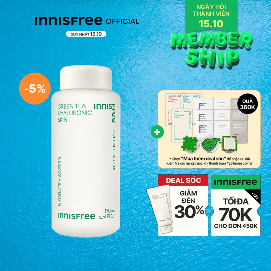 [Mã COSINNIJ - 8% đơn 250K] Nước cân bằng INNISFREE Green Tea Hyaluronic Skin 170ml