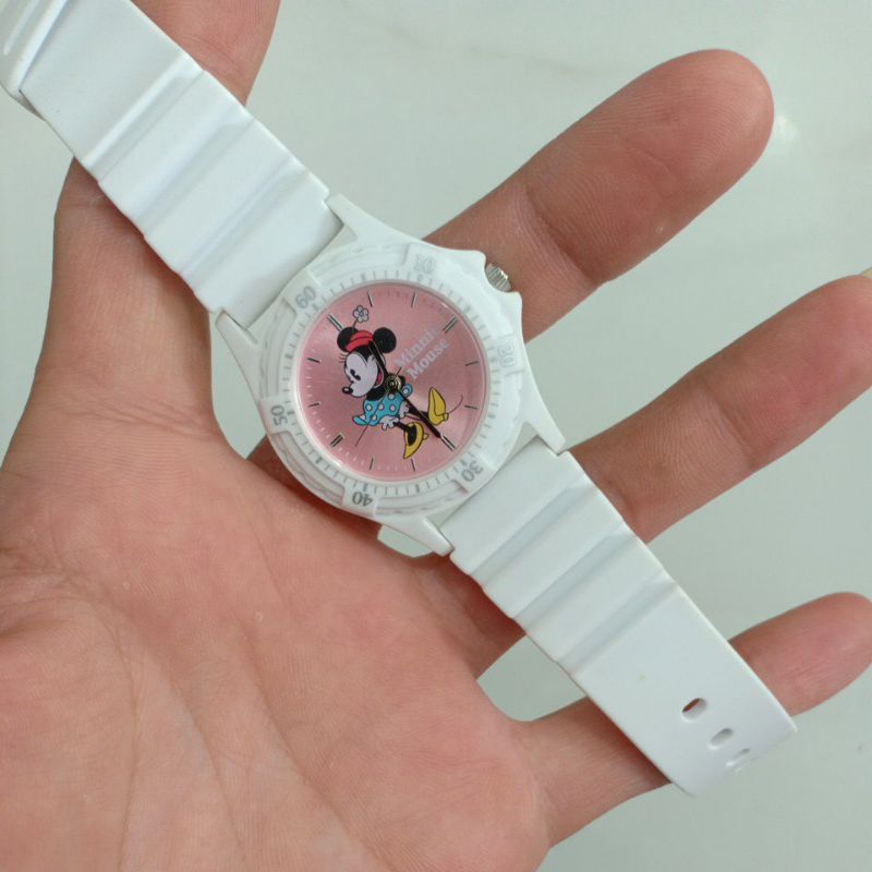 Đồng hồ si nam nữ dây nhựa hiệu DISNEY MINNIE MOUSE màu trắng độ mới cao 98%
