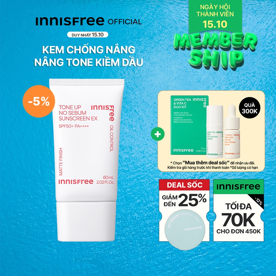 Kem chống nắng nâng tông kiềm dầu innisfree Tone Up No Sebum Sunscreen EX SPF 50+ PA++++ 60 mL (New 2023)