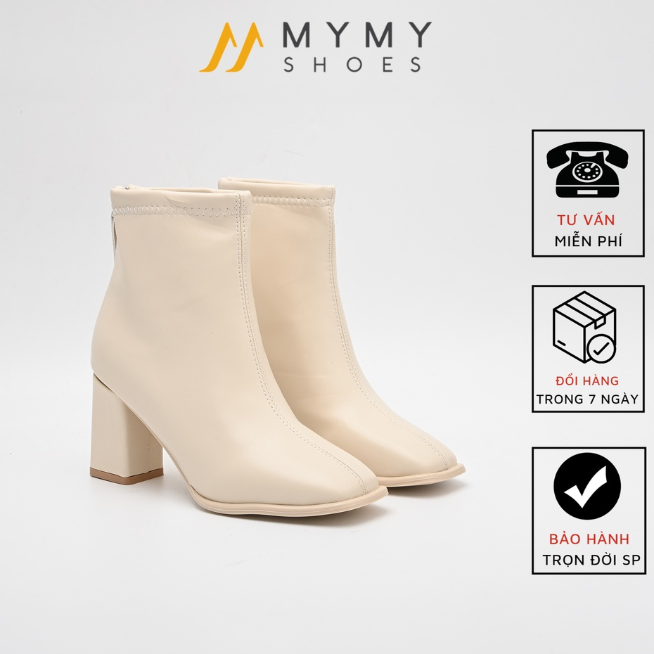 Boot da lì mũi vuông khóa sau gắn dây da gót vuông da 7p mymy shoes 5261