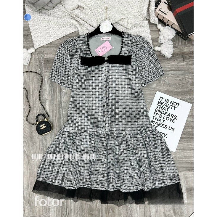 Váy Babydoll, Váy Thiết Kế Vải Dạ Cao Cấp Dáng Xuông Đuôi Cá Phối Tơ Mềm Mại