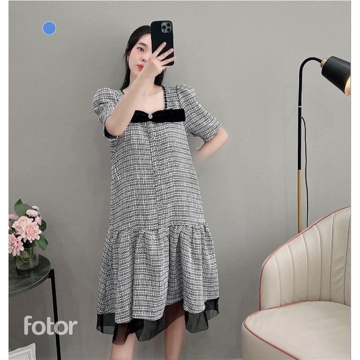 Váy Babydoll, Váy Thiết Kế Vải Dạ Cao Cấp Dáng Xuông Đuôi Cá Phối Tơ Mềm Mại
