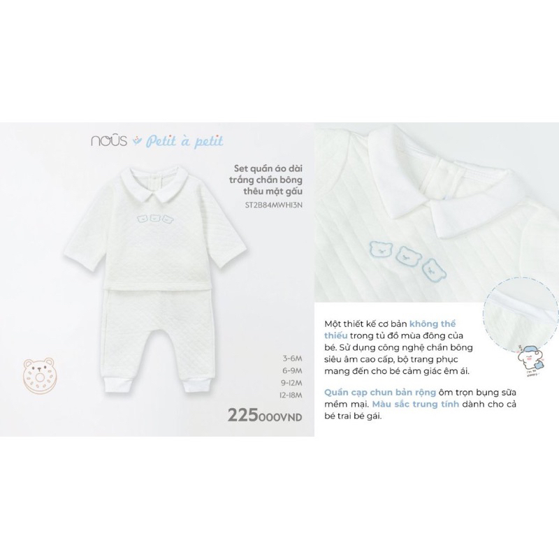 Set quần áo dài Nous chần bông màu trắng thêu họa tiết cho bé từ 3-6 tháng đến 12-18 tháng