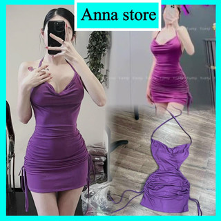 Đầm body 2 dây buộc cổ có mút dây rút sườn chất thun dẻo co giãn thích hợp mặc đi làm đi chơi đi tiệc M1136