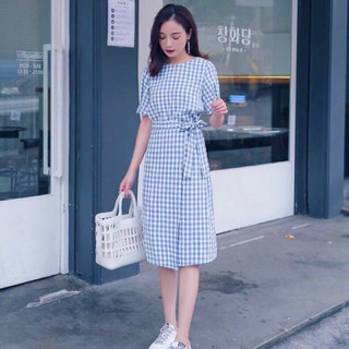 Đầm váy caro xanh biển đắp tà size S dưới 45kg (kèm hình thật)