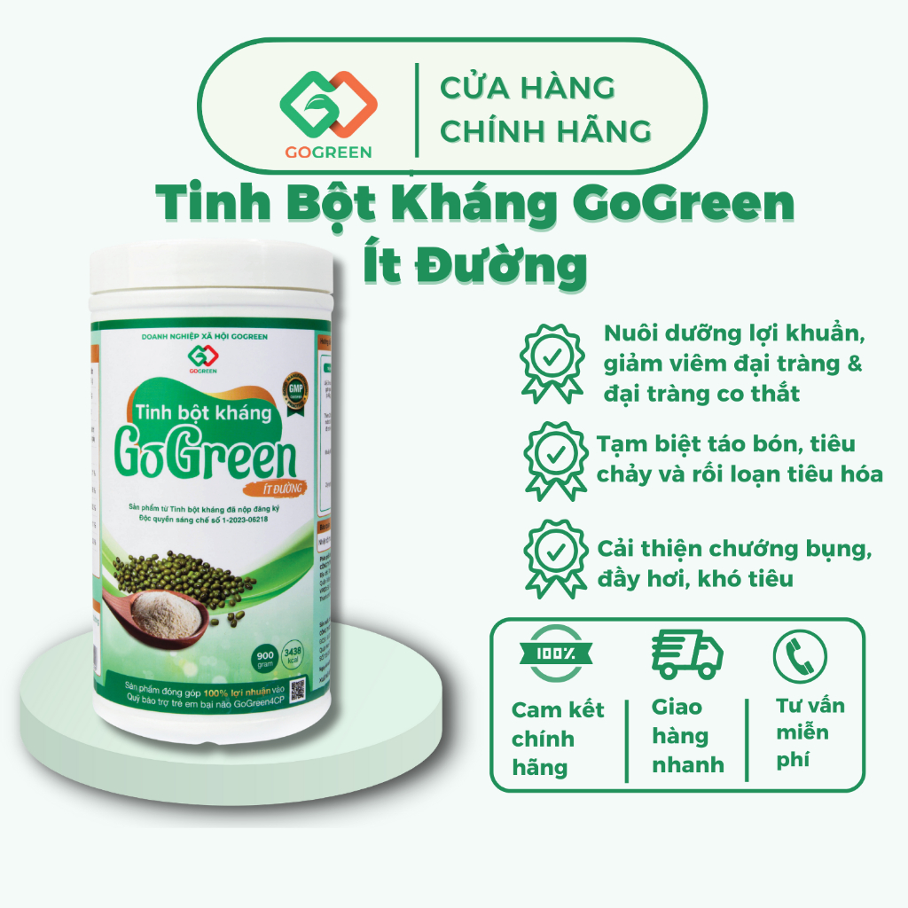 Tinh Bột Kháng Tự Nhiên GoGreen 900gr - Đánh Bay Táo Bón, Tiêu Chảy & Viêm Đại Tràng, Đại Tràng Co Thắt