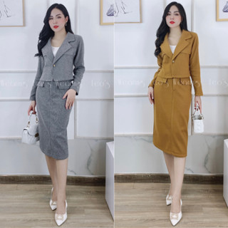  Set váy midi công sở LEOSWEARING chân váy xuống xẻ tà sau mix áo vest lửng tay dài A636 A647 