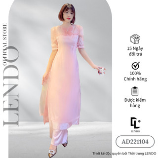 Áo Dài LENDO Tay Lửng Cổ Tròn Phối Bèo Nơ Tơ Hồng AD221104