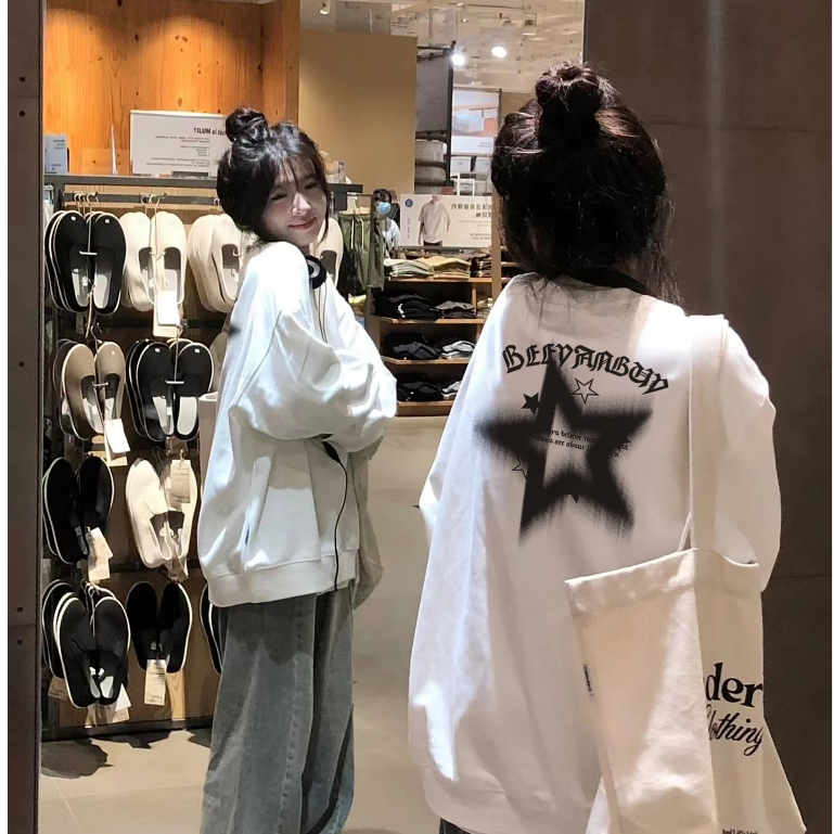 FOCUS local brand vintage Trắng long sleeve women áo nỉ sweater cổ tròn unisex oversized levents 100%cotton