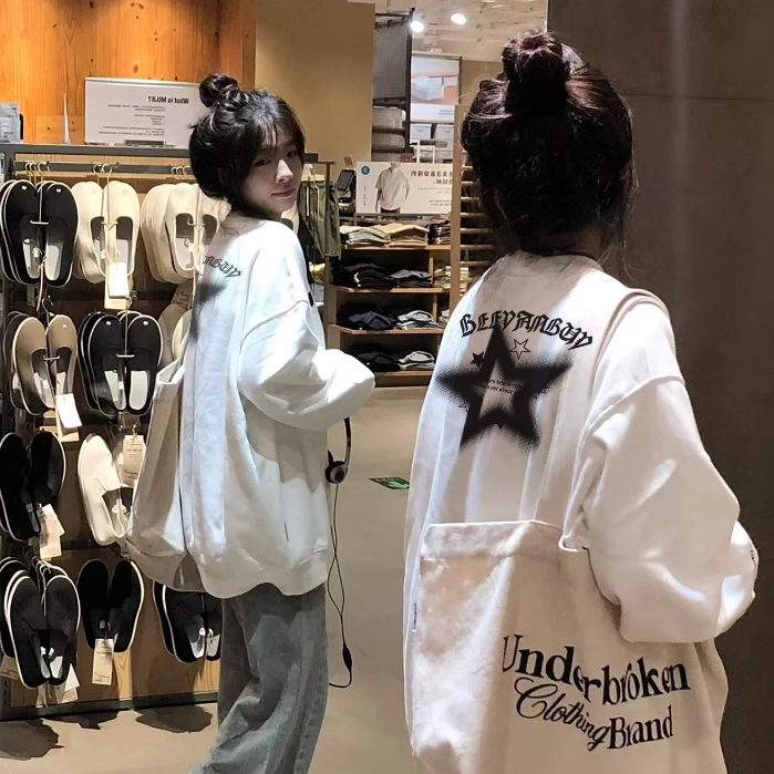 FOCUS local brand vintage Trắng long sleeve women áo nỉ sweater cổ tròn unisex oversized levents 100%cotton